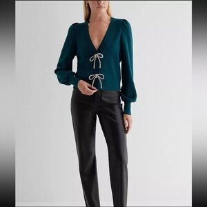 NWT Express Rhinestone Bow Green Sweater V Neck